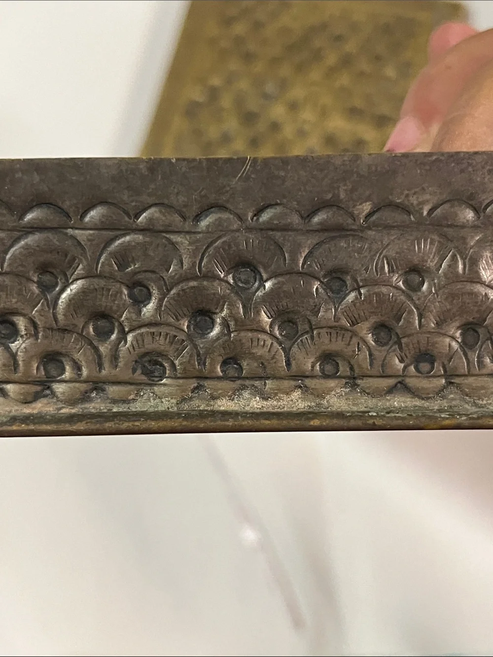 Antique Gold and Tan Embossed Metal Vanity Slide Box